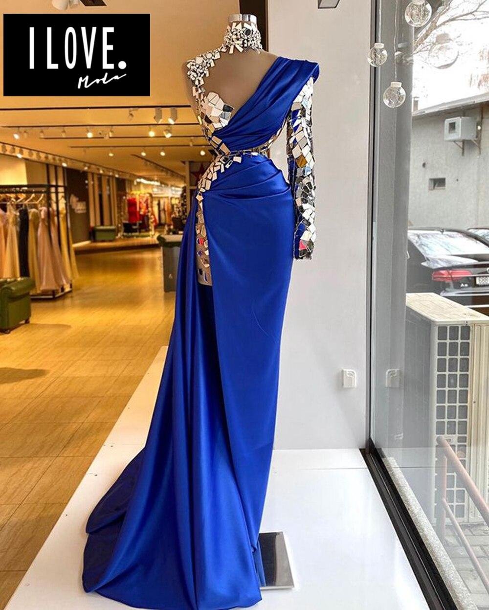 high neck royal blue dress